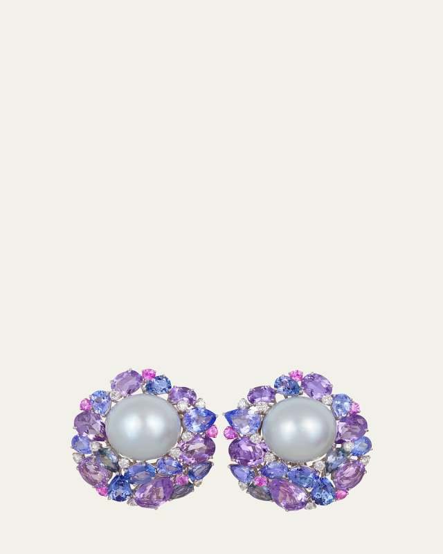 18K White Gold Multi-Stone 18mm South Sea Pearl Button Earrings